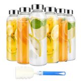 NIKKIER Kapaklı Şeffaf Cam Şişeler 6 adet Set 18 oz, Paslanmaz Çelik Kapaklı Yeniden Kullanılabilir Cam Su Şişesi,% 100 Sızdırmaz, Meyve Suyu, Çay, Su vb. İçin Kullanılabilir