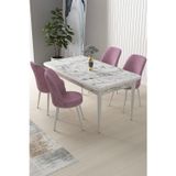 Nil Serisi 70x110 Sabit Mutfak Masası Takımı Beyaz Mermer Desen Masa 4 Pembe Sandalye