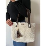 Nillys Kadın Panda Ip Suni Deri Saplı Çıkarılabilir Aksesuarlı Astarlı Cepli Kışlık Örgü Çanta (35X28) - 130-Krem Rengi
