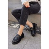 Nilufarr Pula Siyah Hakiki Deri Taşlı Kadın Loafer
