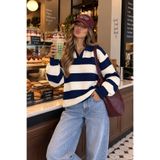 NİLZA New York Kadın Bordo Çizgili Oversize Polo Yaka Triko Kazak