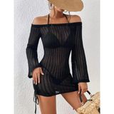 Nilza Örme Pamuk Uzun Kollu Pareo Plaj Elbisesi Kimono Kaftan - Standart - Siyah