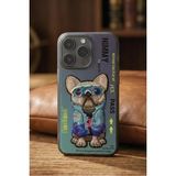 Nimmy iPhone 14 Pro Max Uyumlu Gerçek Nakış İşleme Gözlük Mont Detaylı 3D Animal Köpek PugTasarım Kılıf - Renkli