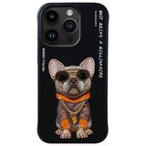 Nimmy iPhone 15 Pro Max Uyumlu 3D Gözlük Zincir Köpek Detaylı Nakış İşlemeli Kabartmalı Cool Glasses Kılıf