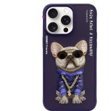Nimmy iPhone 15 Pro Max Uyumlu 3D Gözlük Zincir Mor Köpek Nakış İşlemeli Kabartmalı Cool Glasses Kılıf