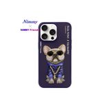 Nimmy iPhone 15 Pro Uyumlu 3D Gözlük Zincir Mor Köpek Detaylı Nakış İşlemeli Kabartmalı Cool Glasses Kılıf