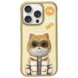 Nimmy iPhone 16 Pro Uyumlu 3D Gözlük Fermuar Hipster Kedi Nakış İşlemeli Kabartmalı Cool Cute Kılıf