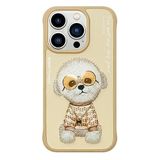 Nimmy iPhone 16 Pro Uyumlu 3D Nakış İşleme, Zincir ve Gözlük Detaylı Köpek Desenli Kılıf, Kadife İç Astar, Beige