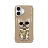 Nimmy iPhone 16 Pro Uyumlu 3D Nakışlı Kabartmalı Zincirli Gözlük Detaylı Köpek Kılıf, Beige