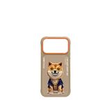 Nimmy Iphone 17 Pro Uyumlu Gerçek Nakış İşlemeli Zincir Ve Gözlük Detaylı Shiba Inu Köpek Desenli Telefon Kılıfı - Açık Kahve