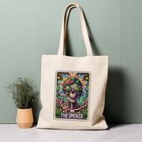 Ninastore Tarot Kartı Tote Çanta, Sigara Içen, Iskelet, Çiçekler, %100 Pamuklu Tote Çanta. Çevre Dostu, Estetik Alışveriş Çantası, Ömür Boyu Kullanabileceğiniz Çanta. - Renkli