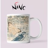 Nino Store London Retro Müzik Büyük Saat Kuş Temalı Hediyelik Baskılı Kupa Bardak - Beyaz - 300 ml