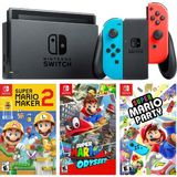 Nintendo Switch Renkli Mavi Kırmızı El Oyun Konsolu + Super Mario Maker 2 + Super Mario Odyssey + Super Mario Party