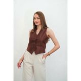 Niora Moda Kahverengi Düğmeli Astarlı Deri Görünümlü Yelek