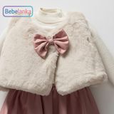 Nipperland Kız Çocuk Pembe Fiyonklu Peluş Yelekli Triko Kazak ve Etek 3'lü Lisanslı Takım 770963 - Pembe - Bej - 9 - 12 Ay