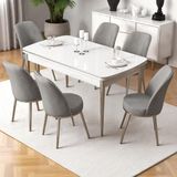 Nira Serisi 70X114 Mdf Açılabilir Beyaz Masa Takımı 6 Gri Sandalye Krom Detay