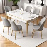Nira Serisi 70X114 Mdf Açılabilir Beyaz Mutfak Masa Takımı 6 Gri Sandalye Gold Detay