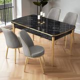 Nira Serisi 70X114 Mdf Siyah Mermer Desen Mutfak Masa Takımı 4 Gri Sandalye Gold Detay