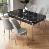 Nira Serisi 70X114 Mdf Siyah Mermer Desen Mutfak Masa Takımı 4 Gri Sandalye Krom Detay