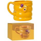 Nirnisa Sarı Kedili Köpekli Seramik 3D Kupa Bardak Sevgiliye Hediye Kulplu Kahve Çay Bardağı Mug Fincan - 380 ml