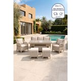 Niron Grand 3'lü Rattan Alüminyum Bahçe Oturma Grubu - Cappucino Temperli Cam Set 3+1+1+Puf - Sütlü Kahve