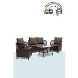 Niron Lady Kahverengi Metal Rattan Bahçe Balkon Oturma Grubu 2+1+1 Sehpalı Çay Seti