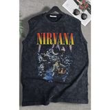 Nirvana Baskılı Yıkamalı Kolsuz Tişört, Unisex Rock Band Temalı Sıfır Kollu Vintage Atlet - Siyah - 3XL
