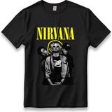 Nırvana Kurt Cobain Model Baskı T-Shirt Unisex %100 Pamuk Nefes Alan Kalın Kumaş Nirvana Rock Tişört - Siyah