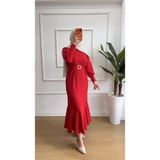 Nisa Nalbantoğlu Taşlı Kemerli Davet Elbisesi (Arkası Fermuarlı) - 40 - 42 - Kırmızı