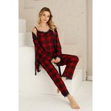 Nisanca Kadın Pijama Takımı Dantel Detaylı Sabahlıklı Geniş Beden Aralığı Çeyizlik Takım - Kırmızı - 3XL