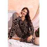 Nisanca Kışlık Düğmeli Ekose Desen Yılbaşı Temalı Kadın Süet Pijama Takımı Kahve M