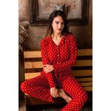 Nisanca Kışlık Düğmeli Ekose Desen Yılbaşı Temalı Kadın Süet Pijama Takımı - Kırmızı - 2XL