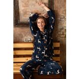Nisanca Kışlık Yılbaşı Desenli Kadın Gömlek Polar Pijama Takımı- Geyikli Yılbaşı Pijaması
