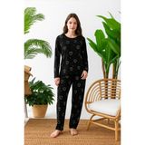Nisanca Mevsimlik Uzun Kollu Süet Kadın Pijama Takımı- Bisiklet Yaka Kadın Pijama - Siyah