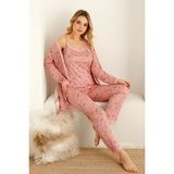 Nisanca Sabahlıklı Dantel Detaylı Pegasus Kadın Pijama Takımı-Çeyizlik Takım- Geniş Beden Aralığı - 2XL - Pembe