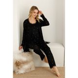 Nisanca Sabahlıklı Dantel Detaylı Pegasus Kadın Pijama Takımı-Çeyizlik Takım- Geniş Beden Aralığı - 2XL - Siyah