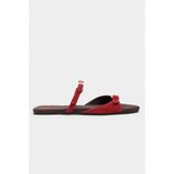 NİŞANTAŞI SHOES Calina Kırmızı Süet Çift Tokalı Düz Taban Kadın Terlik