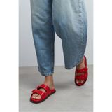 NİŞANTAŞI SHOES Cute Kırmızı Rustik Çift Bantlı Düz Taban Kadın Terlik