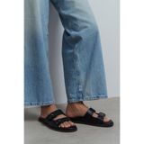 NİŞANTAŞI SHOES Cute Siyah Mat Çift Bantlı Düz Taban Kadın Terlik