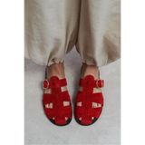 NİŞANTAŞI SHOES Honey Kırmızı Hakiki Süet Toka Detaylı Düz Taban Kadın Terlik