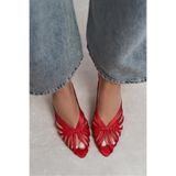 NİŞANTAŞI SHOES Judith Kırmızı Saten Burnu Açık Detay Kafesli Kadın Topuklu Terlik