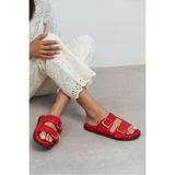 NİŞANTAŞI SHOES Larry Kırmızı Mat Çift Toka Detay Düz Taban Kadın Terlik