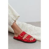 NİŞANTAŞI SHOES Larry Kırmızı Mat Çift Toka Detay Düz Taban Kadın Terlik
