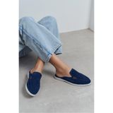 NİŞANTAŞI SHOES Letty Lacivert Süet Deri Düz Taban Kadın Loafer Terlik