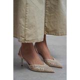 NİŞANTAŞI SHOES Norely Bej Triko File İşlemeli Arka Açık Kadın Topuklu Ayakkabı