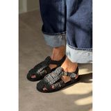NİŞANTAŞI SHOES Ramona Siyah Hasır Örgü Arka Kemer Detay Düz Taban Kadın Sandalet