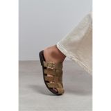 NİŞANTAŞI SHOES Siento Rome Bej Süet Deri Toka Detay Düz Taban Kadın Terlik