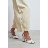 Nişantaşı Shoes Solea Beyaz Mat Altın Burun Detaylı Arkası Lastikli Kalın Topuklu Kadın Ayakkabı