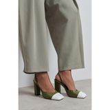 Nişantaşı Shoes Solea Haki Mat Beyaz Burun Detaylı Arkası Lastikli Kalın Topuklu Kadın Ayakkabı