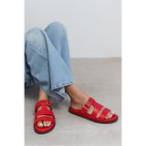 NİŞANTAŞI SHOES Spirit Kırmızı Mat Kemer Toka Detaylı Düz Taban Kadın Terlik